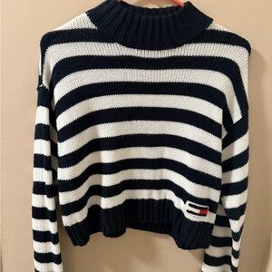 Tommy Hilfiger Women's Navy and White Striped Turtleneck Sweater